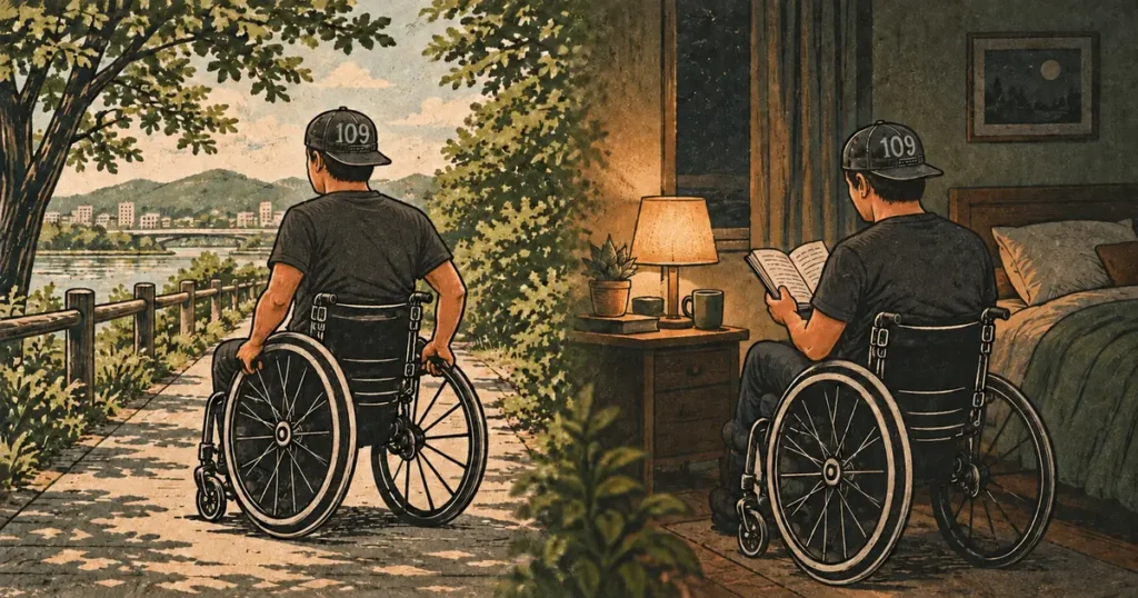 昼に車いすで散歩する場面と、夜に寝室で読書する場面を描いたイラスト