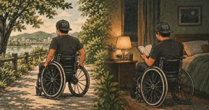 昼に車いすで散歩する場面と、夜に寝室で読書する場面を描いたイラスト