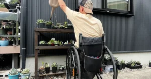 車椅子から4Lジョウロで植物棚へ水やりをする様子