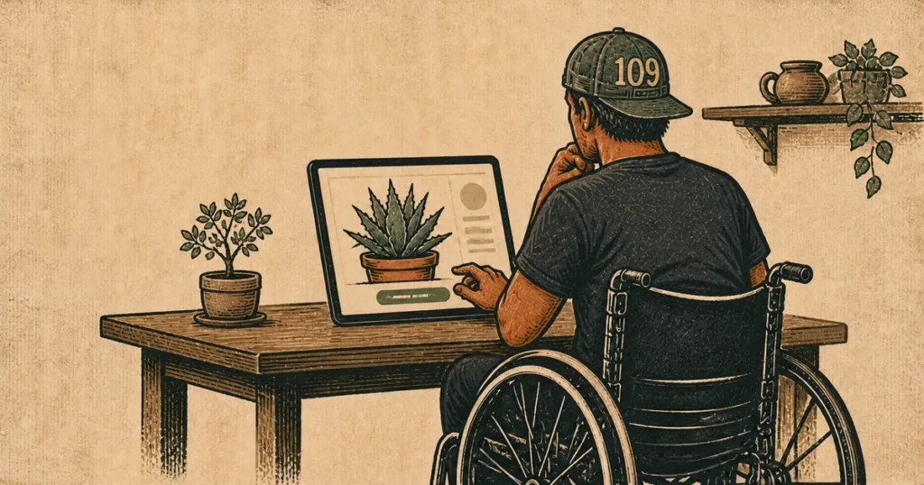 ネットショップで植物を購入する前に考える車椅子ユーザーのイラスト