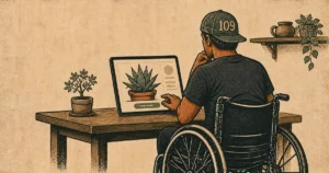 ネットショップで植物を購入する前に考える車椅子ユーザーのイラスト