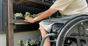 車椅子から植物棚の鉢植えを手入れする様子